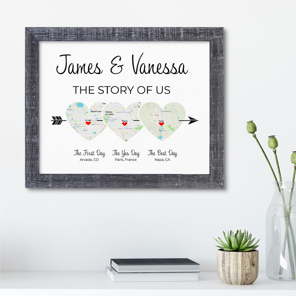 The Story of Us - 3 Heart Map Art Canvas Print in Madison Gray Wooden Frame