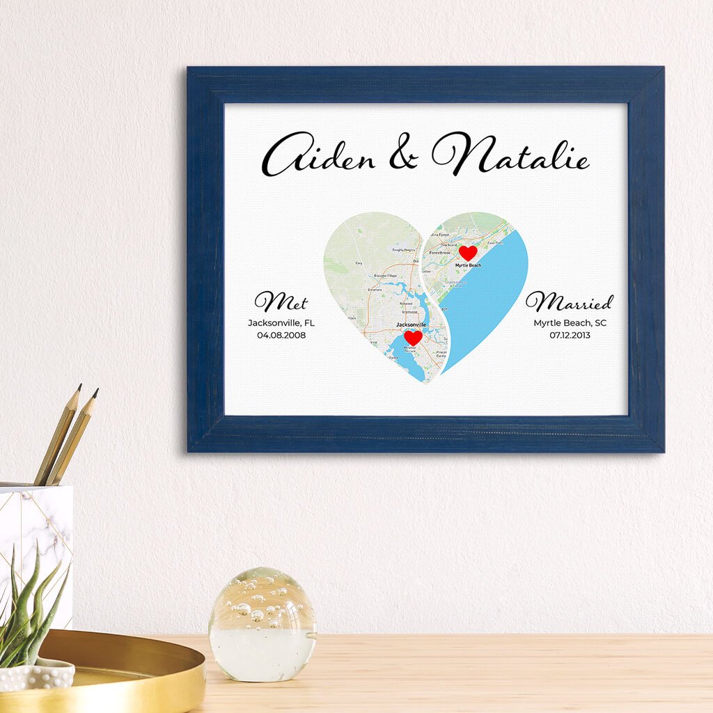 Yin-Yang 2 Heart Halves Map Art in Carnival Blue Frame