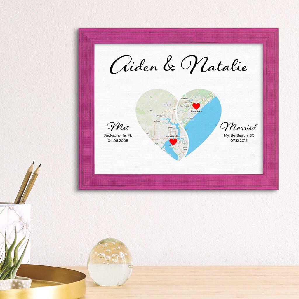 Yin Yang Custom Canvas Map Print in Solid Wood Carnival Pink Frame
