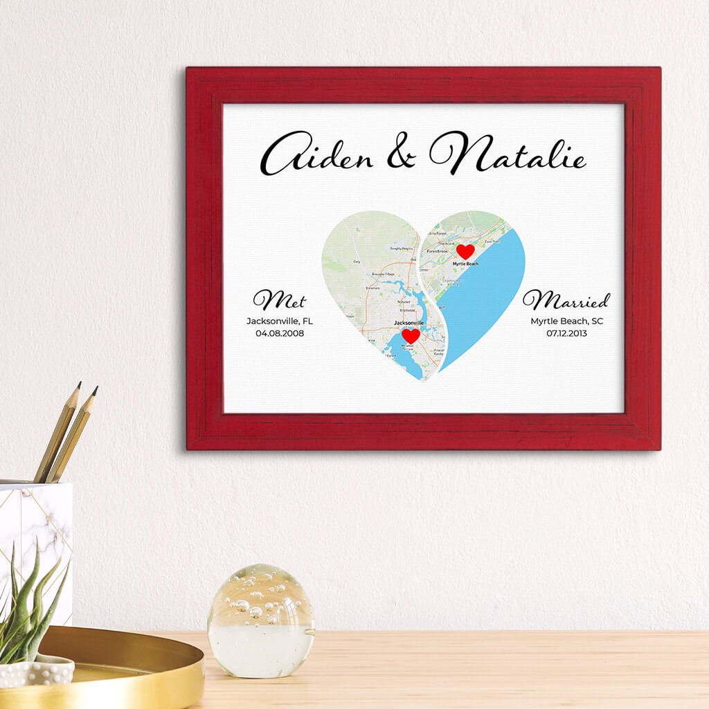 Yin-Yang 2 Heart Halves Map Art in Carnival Red Frame