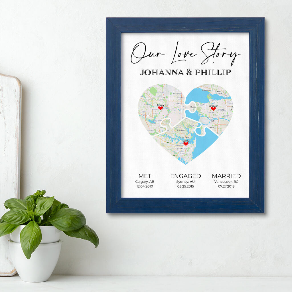 3 Puzzle Piece Heart Map Art in Carnival Blue Frame