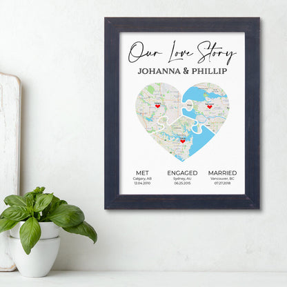 3 Puzzle Piece Heart Map Art in Carnival Espresso Frame