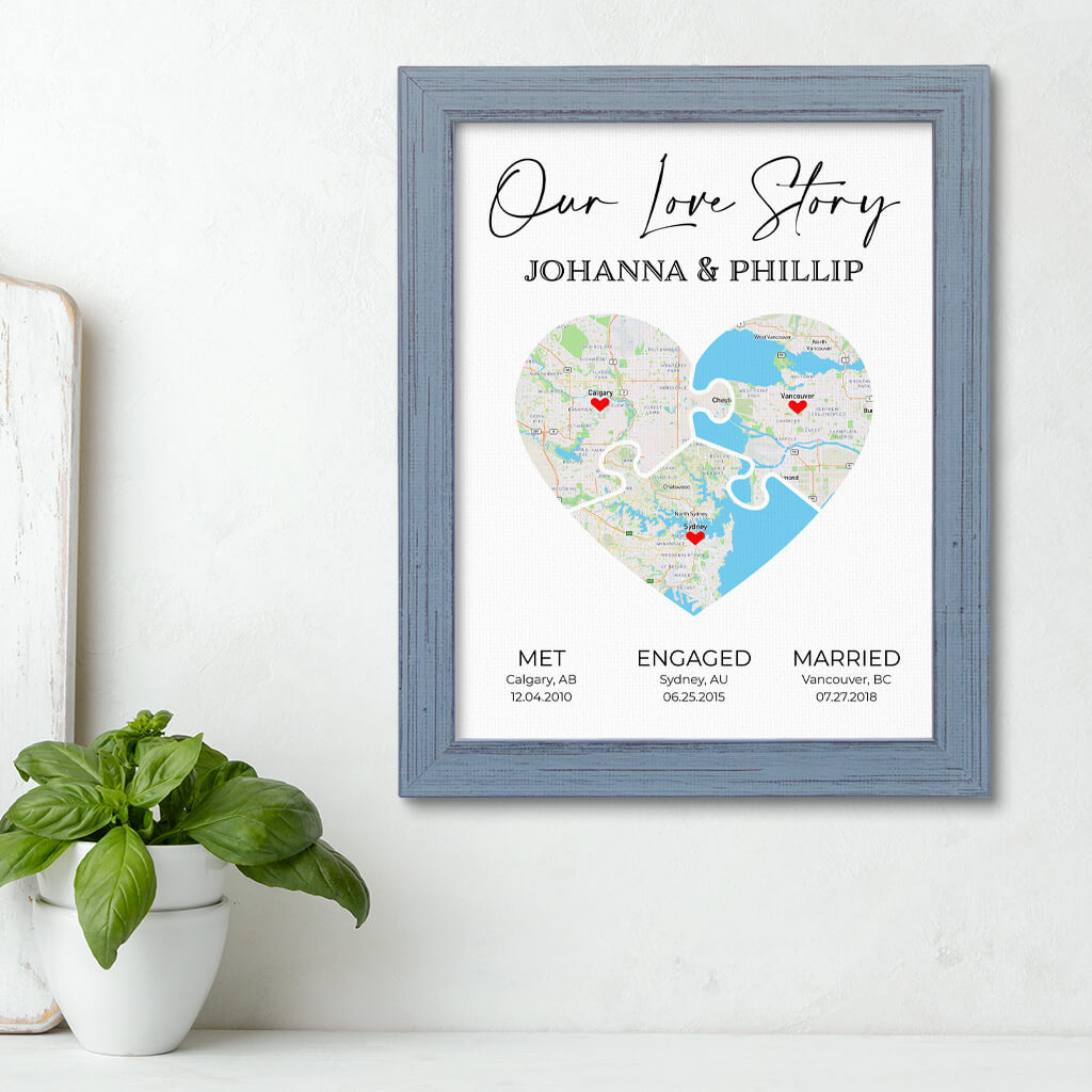 Custom Canvas Heart Map Print with Puzzle Pieces in Carnival Gray Real Wood Frame