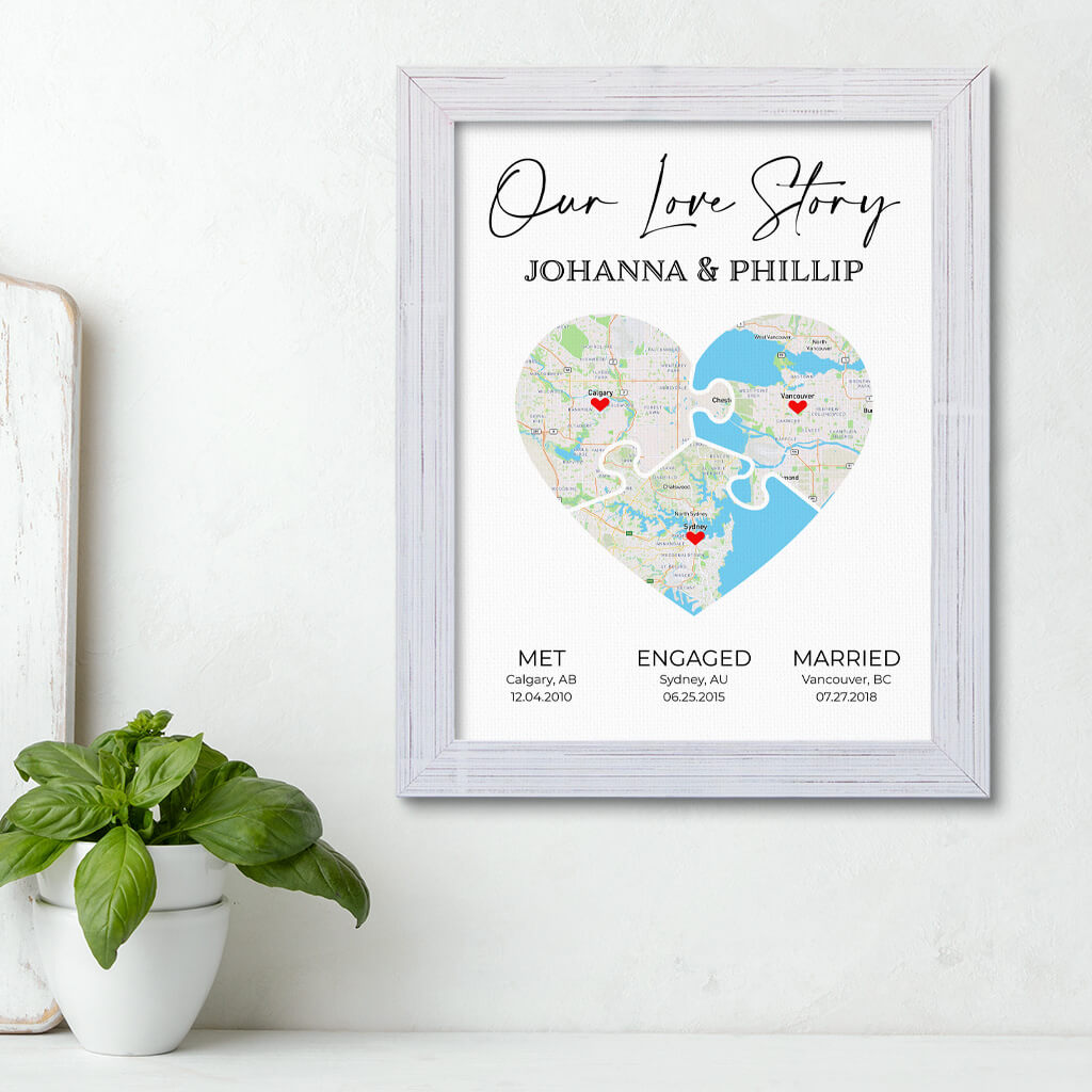 3 Puzzle Piece Heart Shaped Map Art in Carnival White Wood Frame