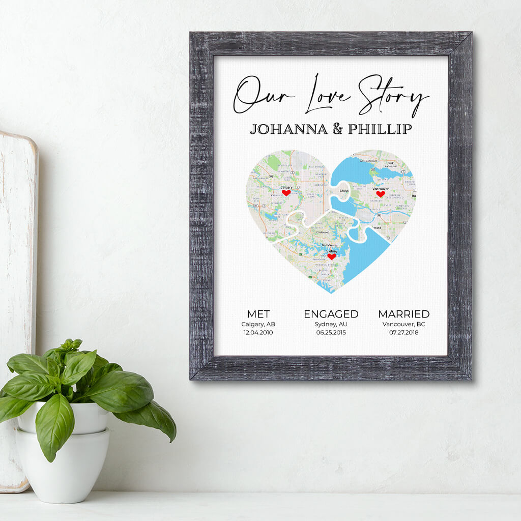 3 Puzzle Piece Heart Map Art in Madison Gray Frame