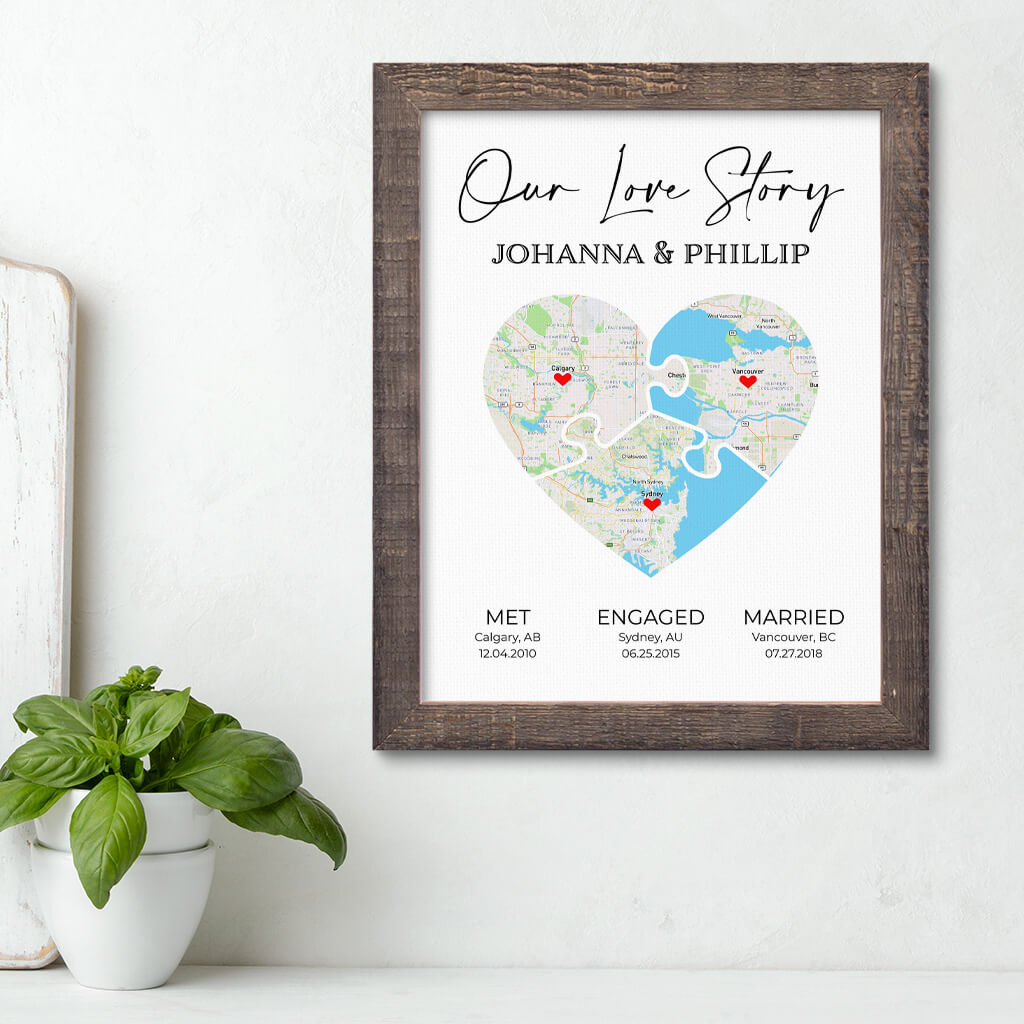 3 Puzzle Piece Heart Map Art in Natural Wood Frame