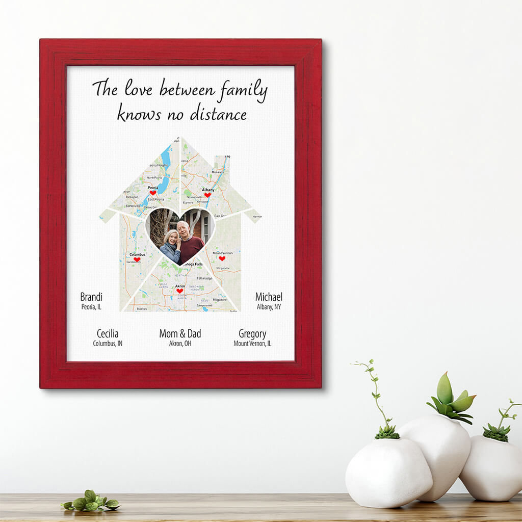 Family Home Photo - House Shaped Map Art in Solid Wood Carnival Red Frame