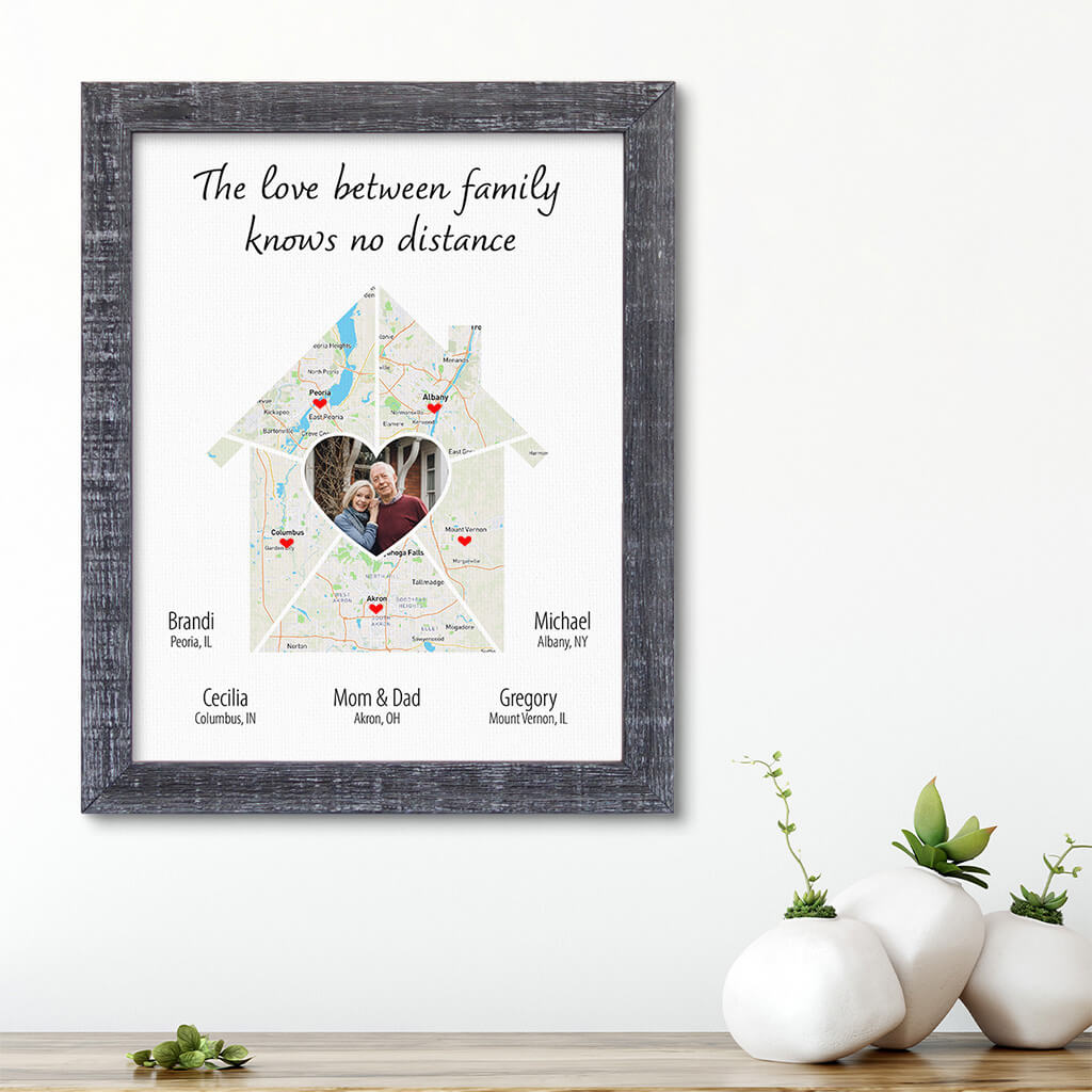 Family Photo House Shaped Map Art in Madison Gray Solid Wood Frame