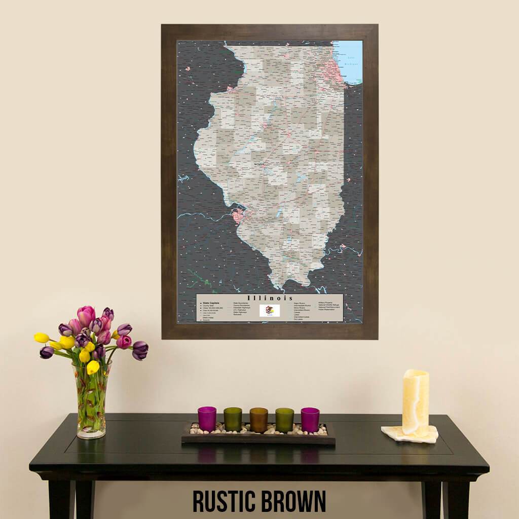 Earth Toned Illinois State Map Rustic Brown Frame