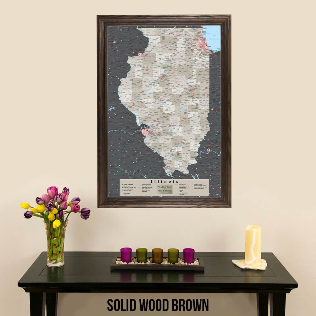 Earth Toned Illinois State Map Solid Wood Brown Frame