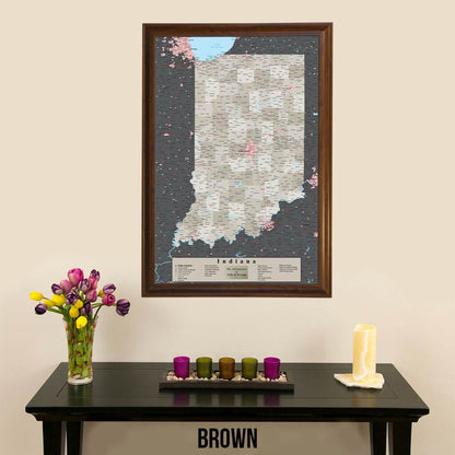 Earth Toned Indiana State Map with Pins Brown Frame