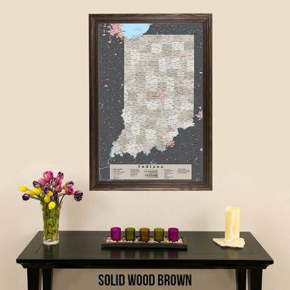 Earth Toned Indiana State Map with Pins Solid Wood Brown Frame