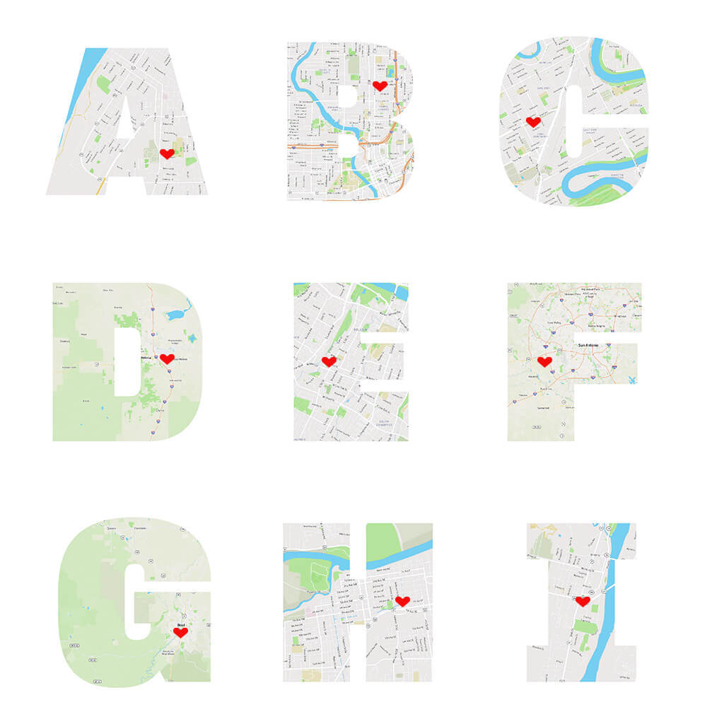 Letter Map Art - Letters A-I examples