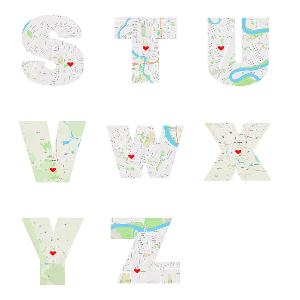 Letter Map Art - Letters S-Z examples