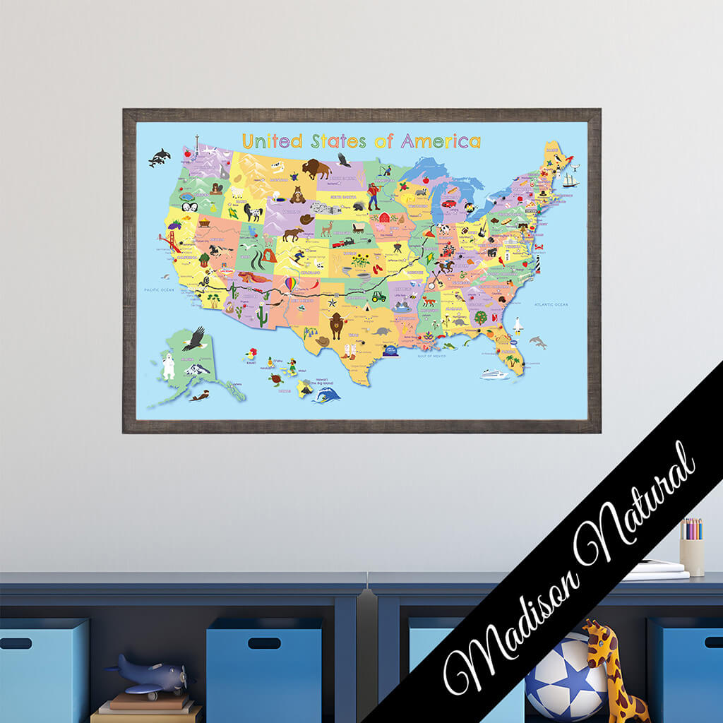 Canvas Kids Push Pin Map in Premium Madison Natural Brown Frame