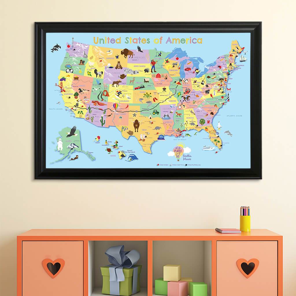 Canvas Kids Push Pin Map in Black Frame