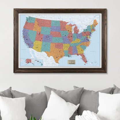 Blue Oceans USA Push Pin Travel Map with Solid Wood Brown Frame