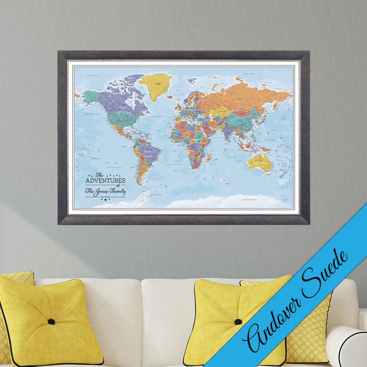 Canvas Blue Oceans World Map With Pins In Premium Andover Suede Frame