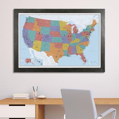 Canvas Blue Oceans US map in Rustic Black Frame