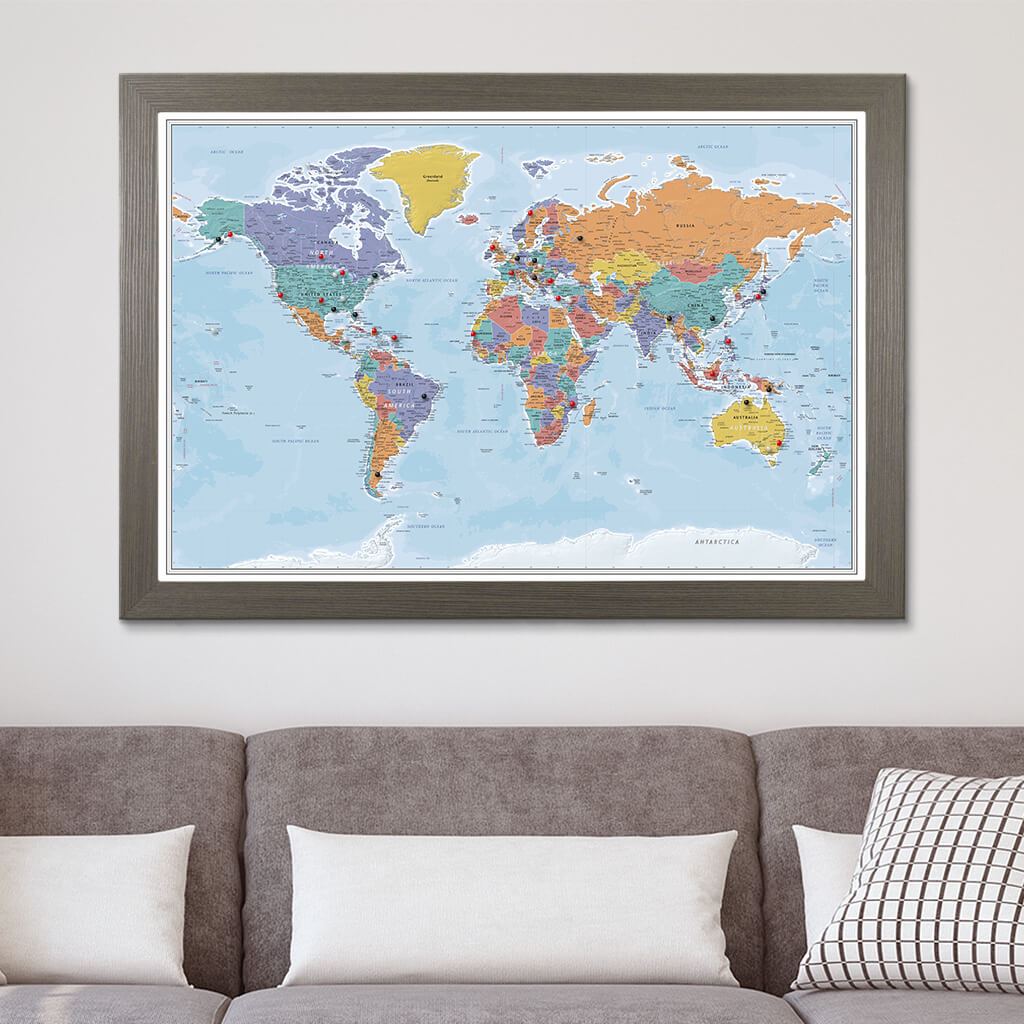 Blue Oceans World Push Pin Travel Map on Canvas in Barnwood Gray Frame