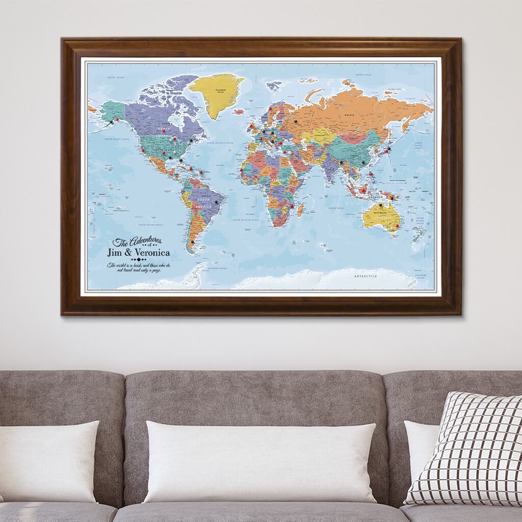 Blue Oceans World Push Pin Map on Canvas in Brown Frame