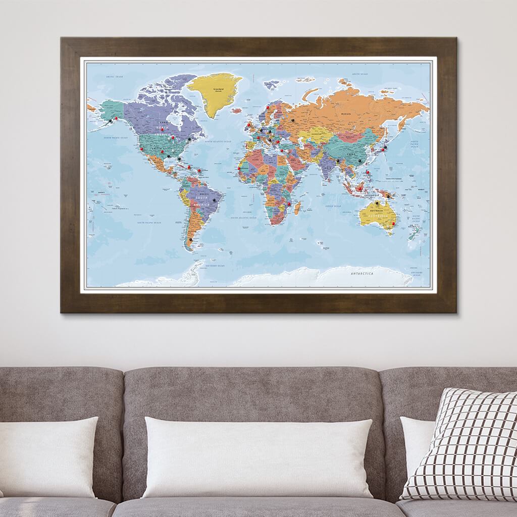 Blue Oceans World Map on Canvas in Rustic Brown Frame