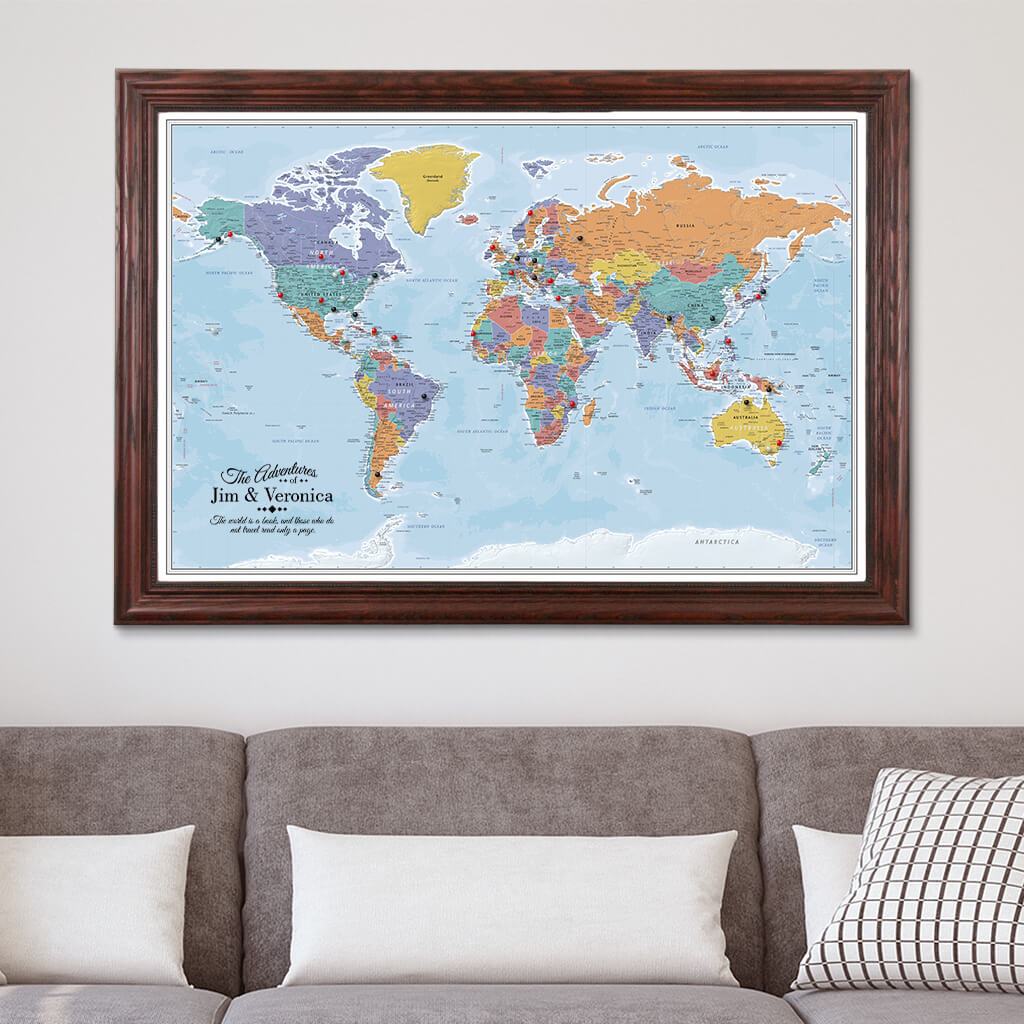 Blue Oceans World Map on Canvas in Solid Wood Cherry Frame