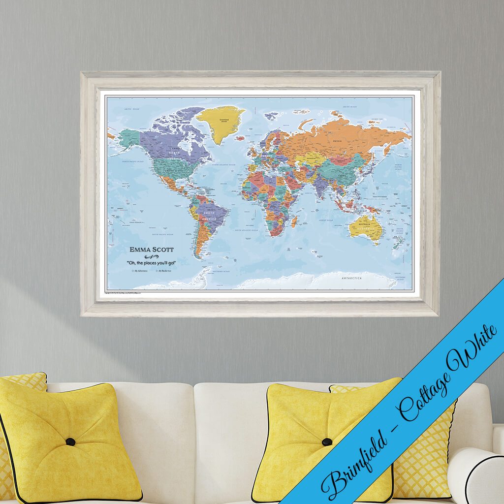 Premium Canvas Blue Oceans World Map With Pins In Premium Real Wood Brimfield Cottage White Frame
