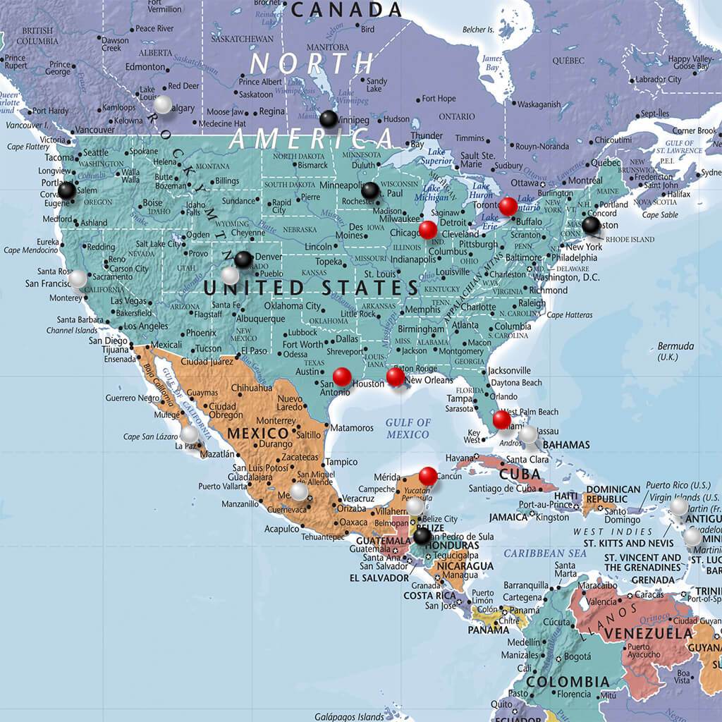 Closeup of USA on Blue Oceans World Map