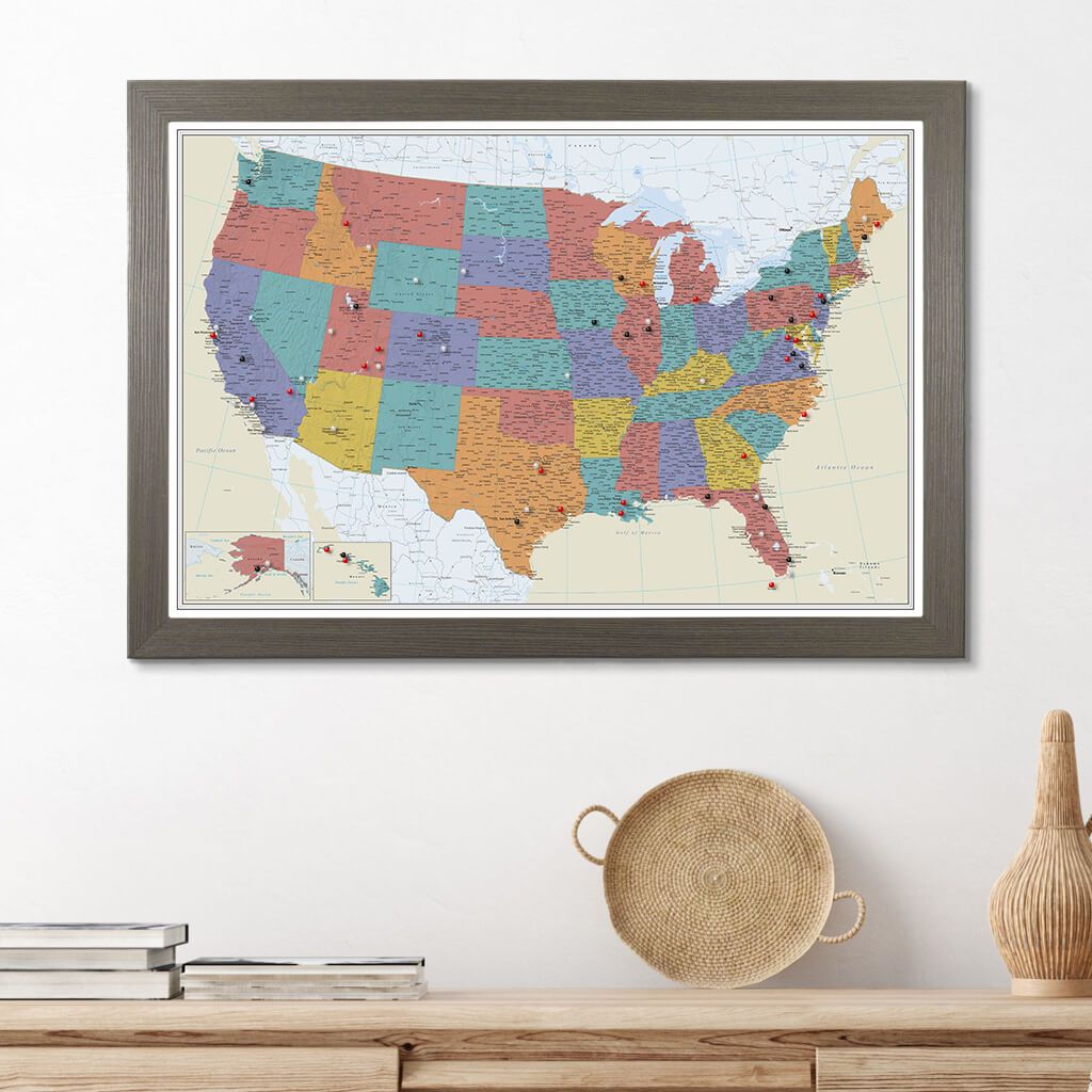 Tan Oceans USA Push Pin Map with Barnwood Gray Frame