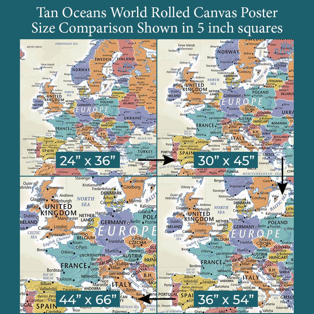 Font Size Comparison of Europe on 4 Poster Sizes