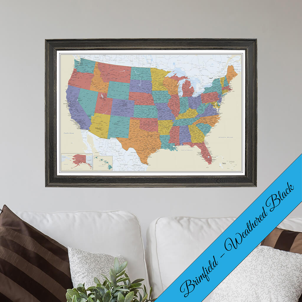 Canvas Tan Oceans USA Travelers Map in Brimfield Black Frame
