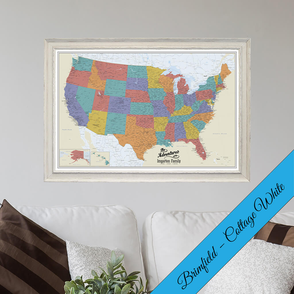 Canvas Tan Oceans USA Travelers Map In Brimfield Cottage White Frame