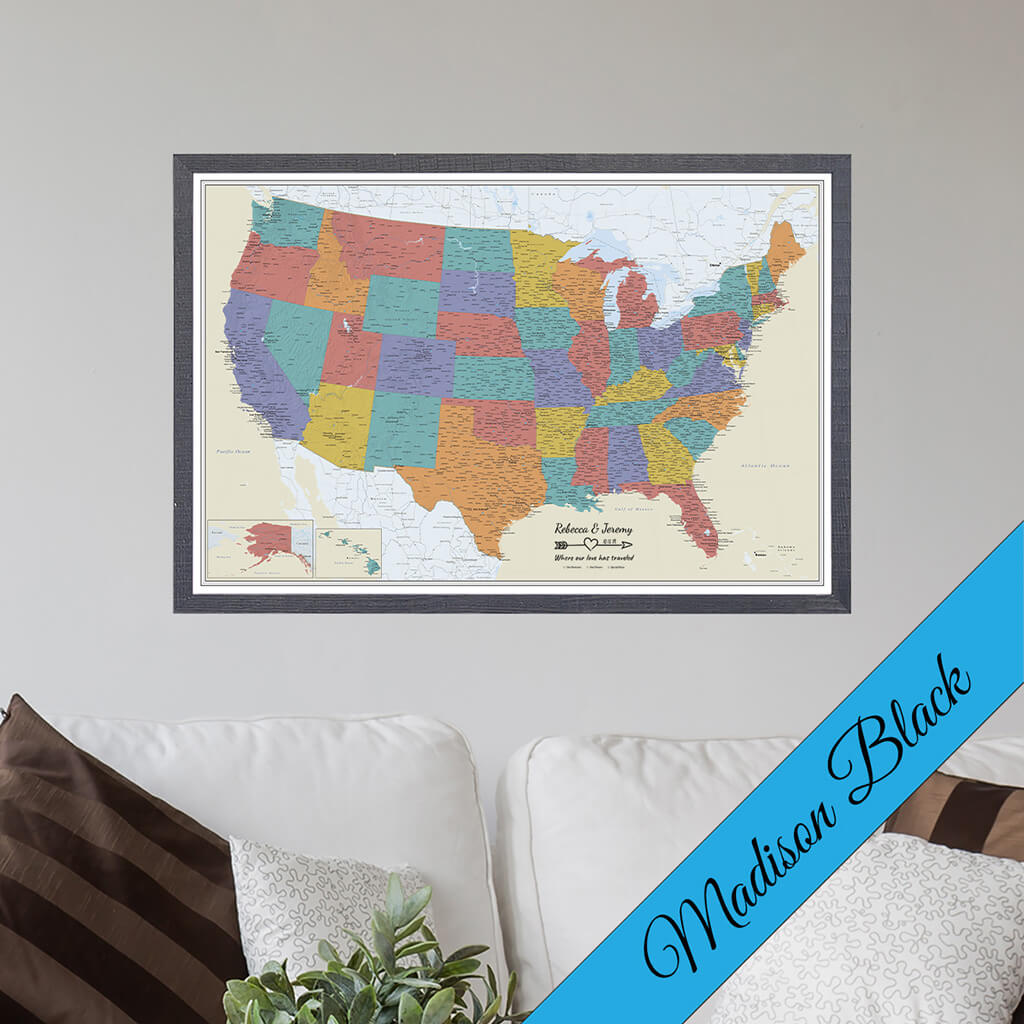 Canvas Tan Oceans USA Travelers Map In Madison Black Frame
