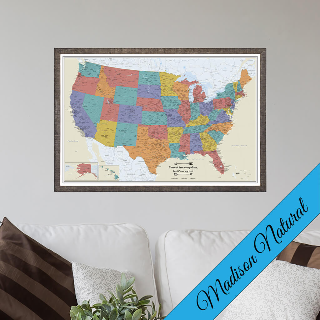 Canvas Tan Oceans USA Travelers Map In Madison Natural Brown Frame