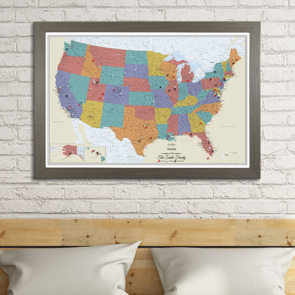 Canvas Tan Oceans USA Travelers Map in Barnwood Gray Frame