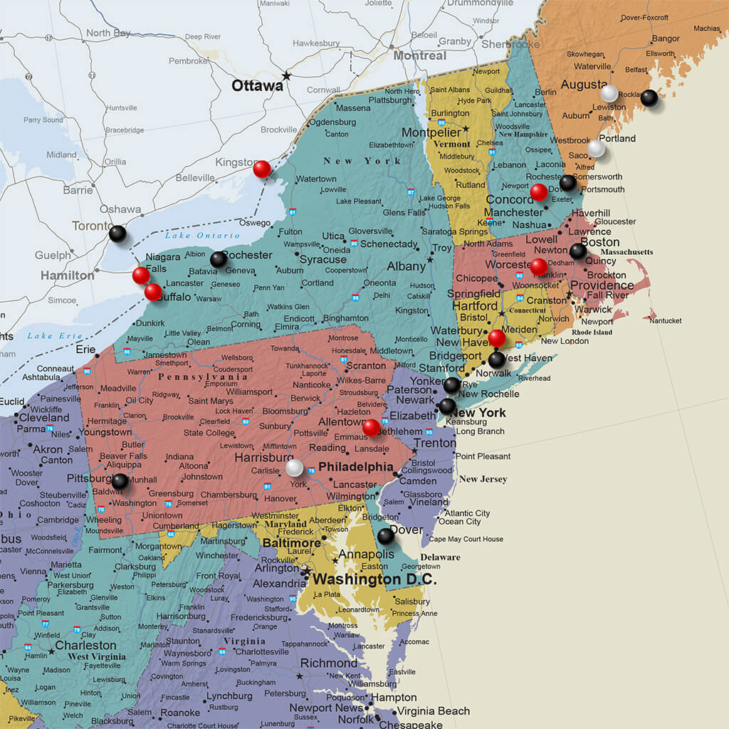 Canvas Tan Oceans USA Travelers Map Closeup Northeast
