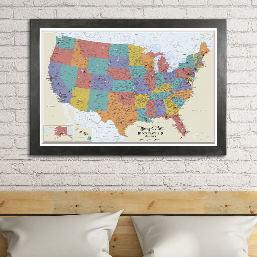 Canvas Tan Oceans USA Travelers Map in Rustic Black Frame