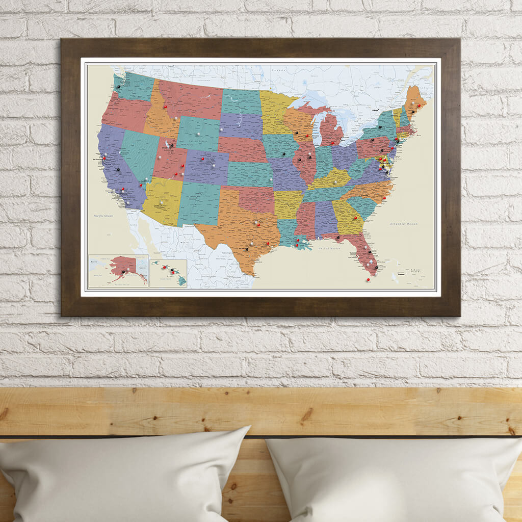 Canvas Tan Oceans USA Travelers Map in Rustic Brown Frame