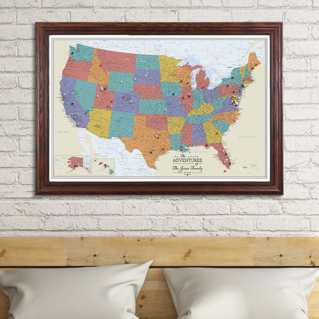 Canvas Tan Oceans USA Travelers Map in Solid Wood Cherry Frame