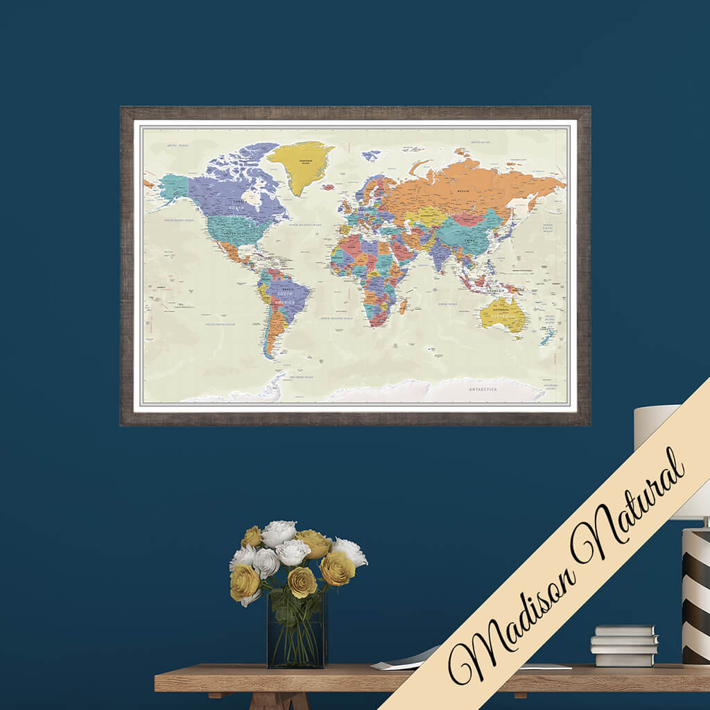 Canvas Tan Oceans World Map in Madison Natural Brown Frame