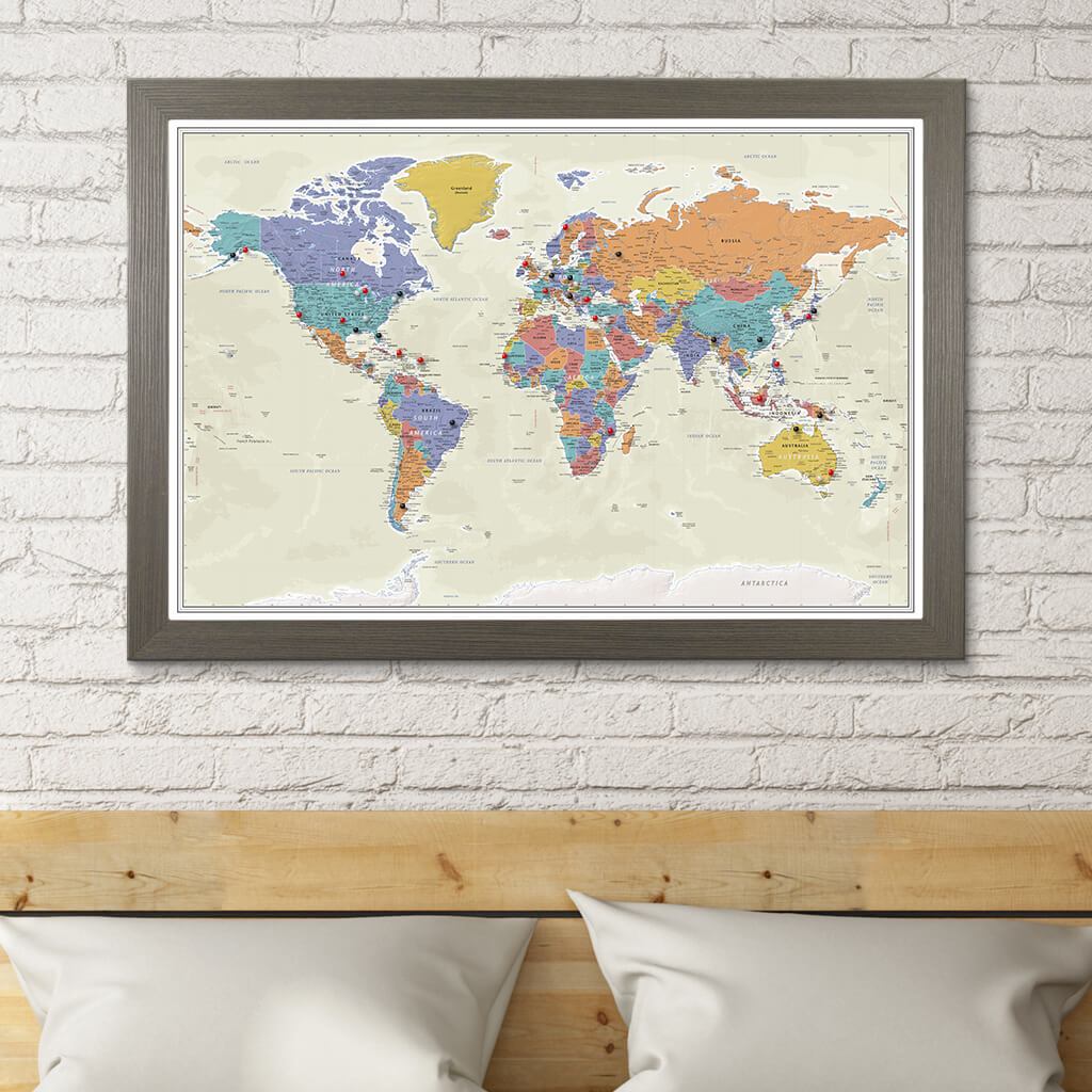 Tan Ocean World Push Pin Travel Map in Barnwood Gray Frame