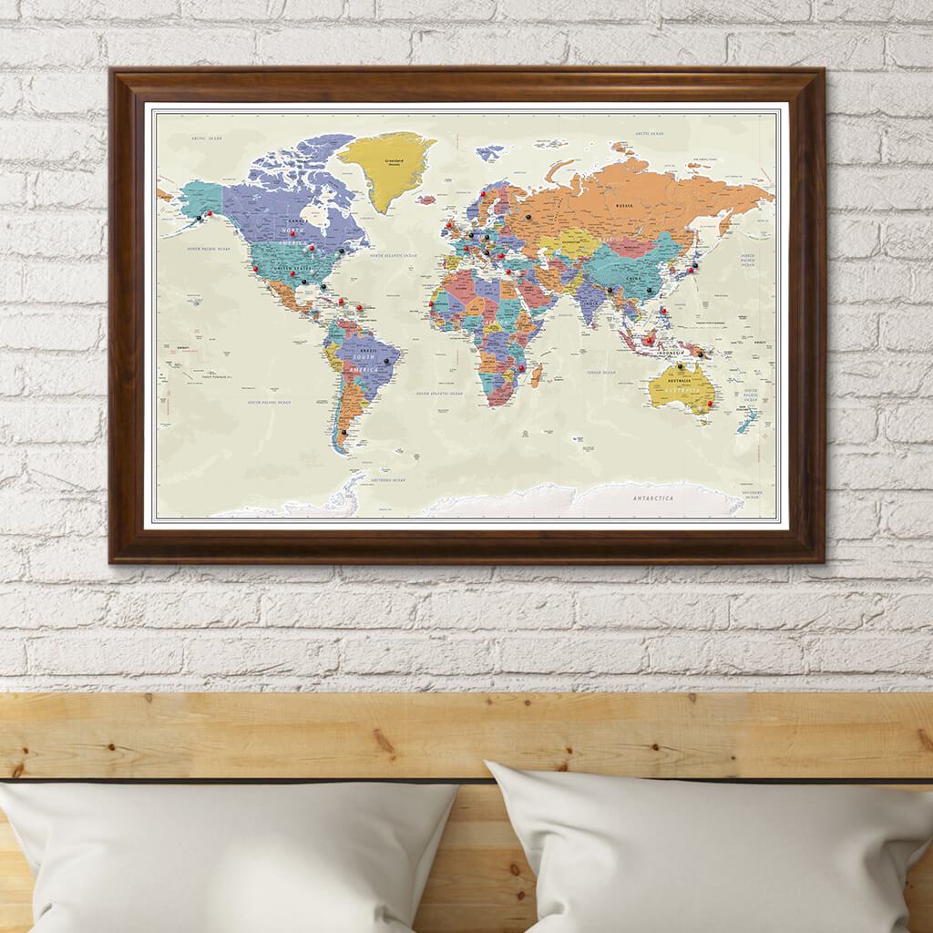 Tan Ocean World Push Pin Travel Map in Brown Frame