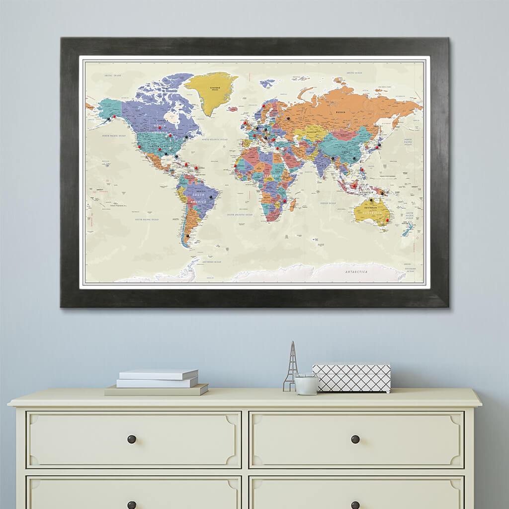 Canvas Tan Oceans World Map with Rustic Black Frame