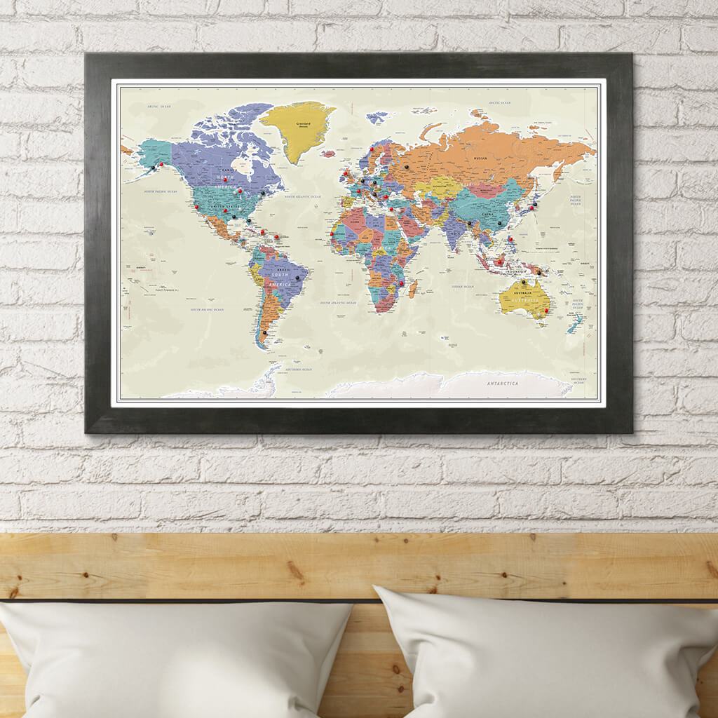 Tan Ocean World Push Pin Travel Map in Rustic Black Frame