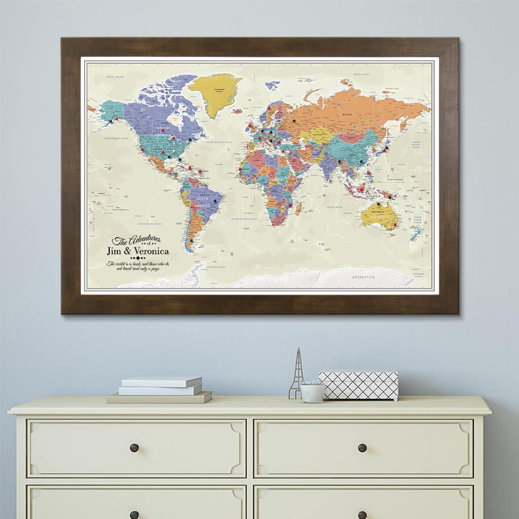 Canvas Tan Oceans World Map with Rustic Brown Frame
