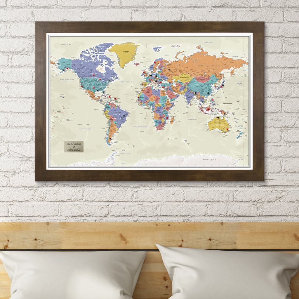 Tan Ocean World Push Pin Travel Map in Rustic Brown Frame