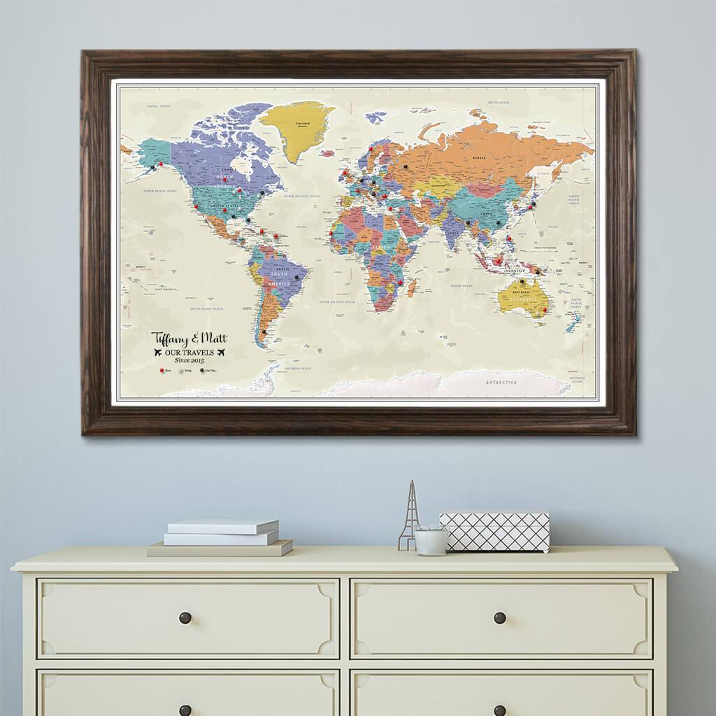 Canvas Tan Oceans World Map in Solid Wood Brown Frame