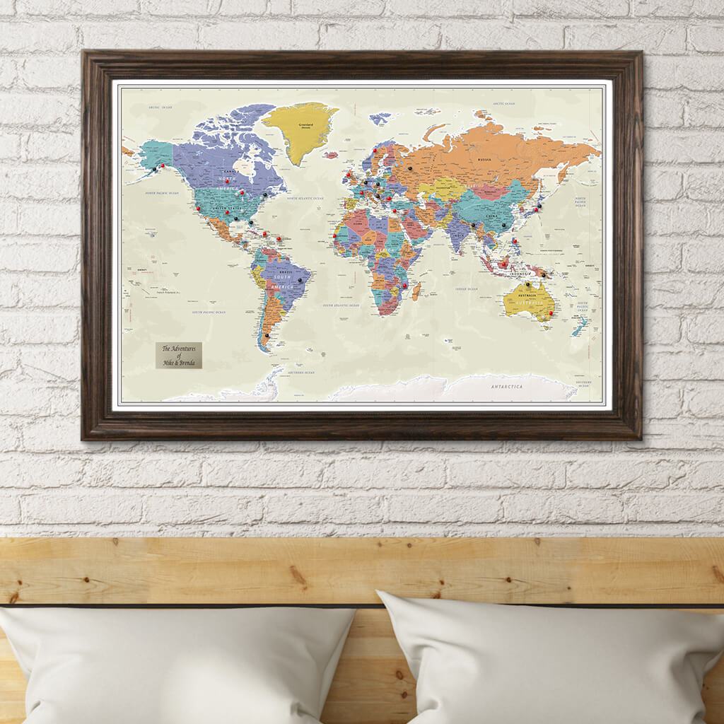 Tan Ocean World Push Pin Travel Map in Solid Wood Brown Frame