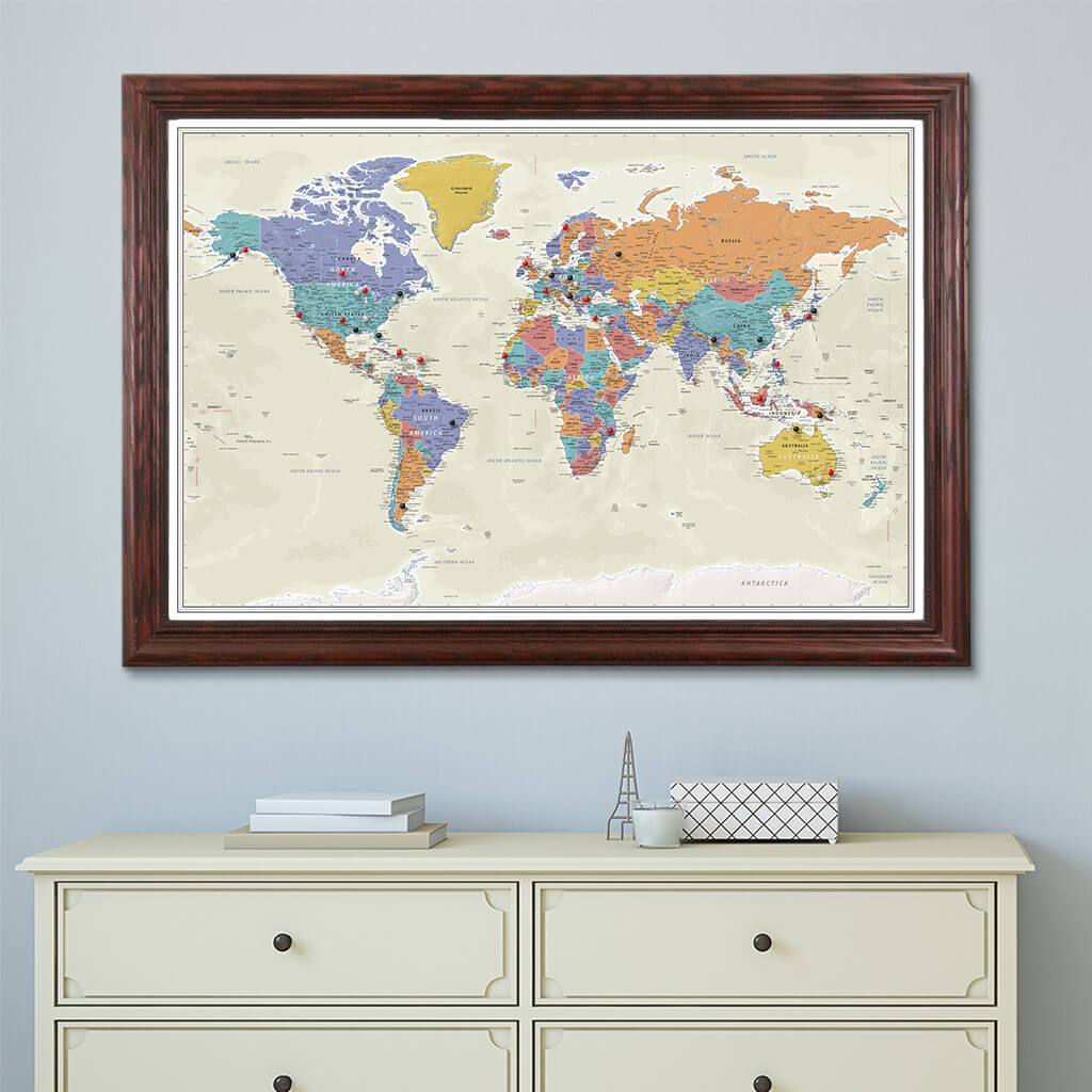 Canvas Push Pin Travel Map - Tan Oceans World Map in Solid Wood Cherry Frame